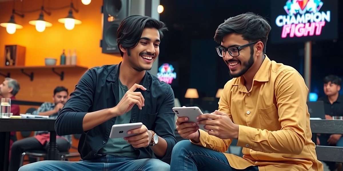 Friends Enjoying Masala Champion Fight Indian friends playing Masala Champion Fight together on mobile devices, laughing and competing