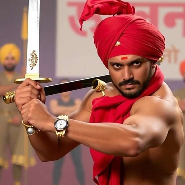 Rajinder Singh - Punjabi Warrior Rajinder Singh, a turban-wearing Punjabi fighter with a sword, representing North India in Masala Champion Fight