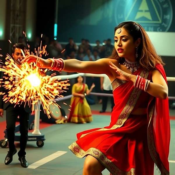 Priya Sharma - Delhi Dynamo Priya Sharma, a Delhi fighter in colorful lehenga, using chili-based attacks in Masala Champion Fight
